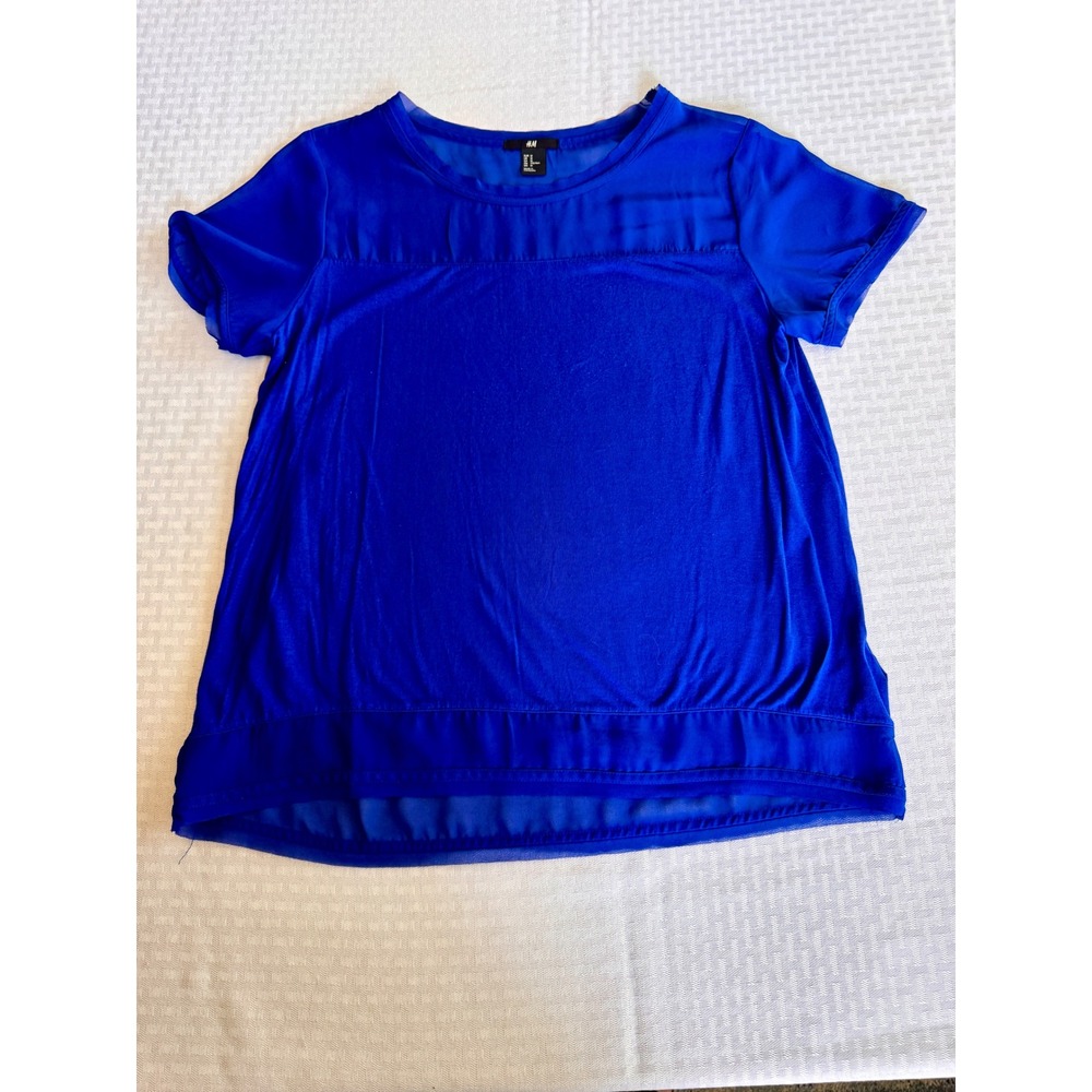 H&M‎ Royal Blue Sheer Panel Blouse Short Sleeve Mixed Media Top Medium